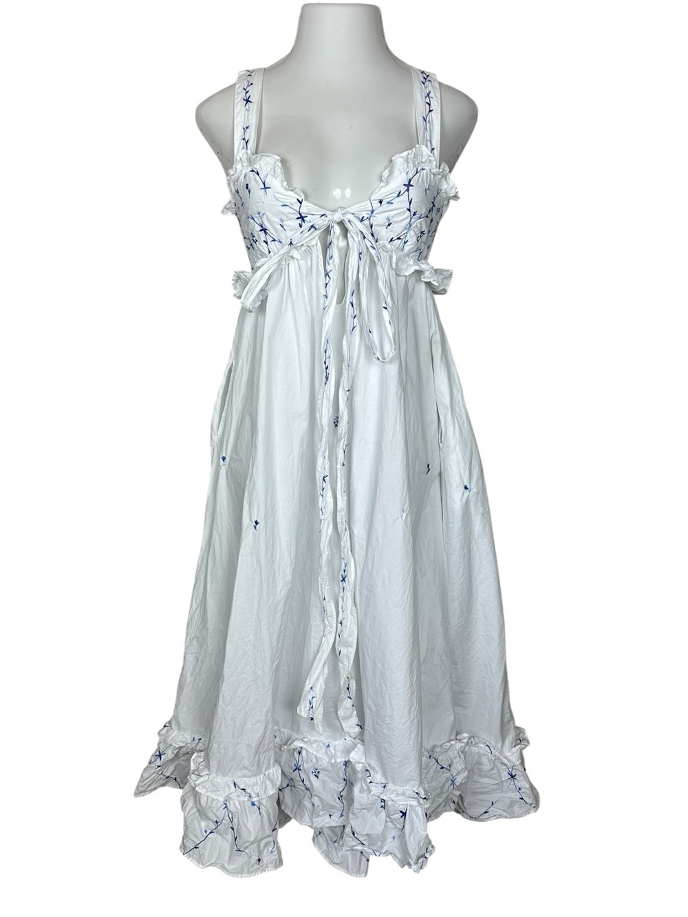 Thierry Colson Floral Embroidered Cotton Midi Dress White Blue Pockets Size XS